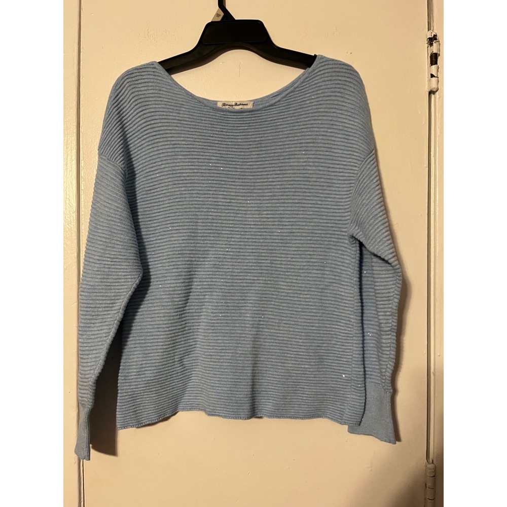 Tommy Bahama Womens Blue Ribbed Sequin Boat Neck Sweater Size M